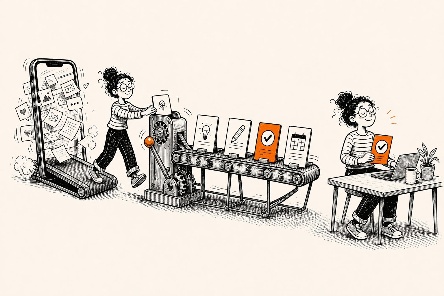 A founder steps away from a frantic phone treadmill while a calm paper workflow turns one idea into a planned, drafted, approved, and scheduled post.