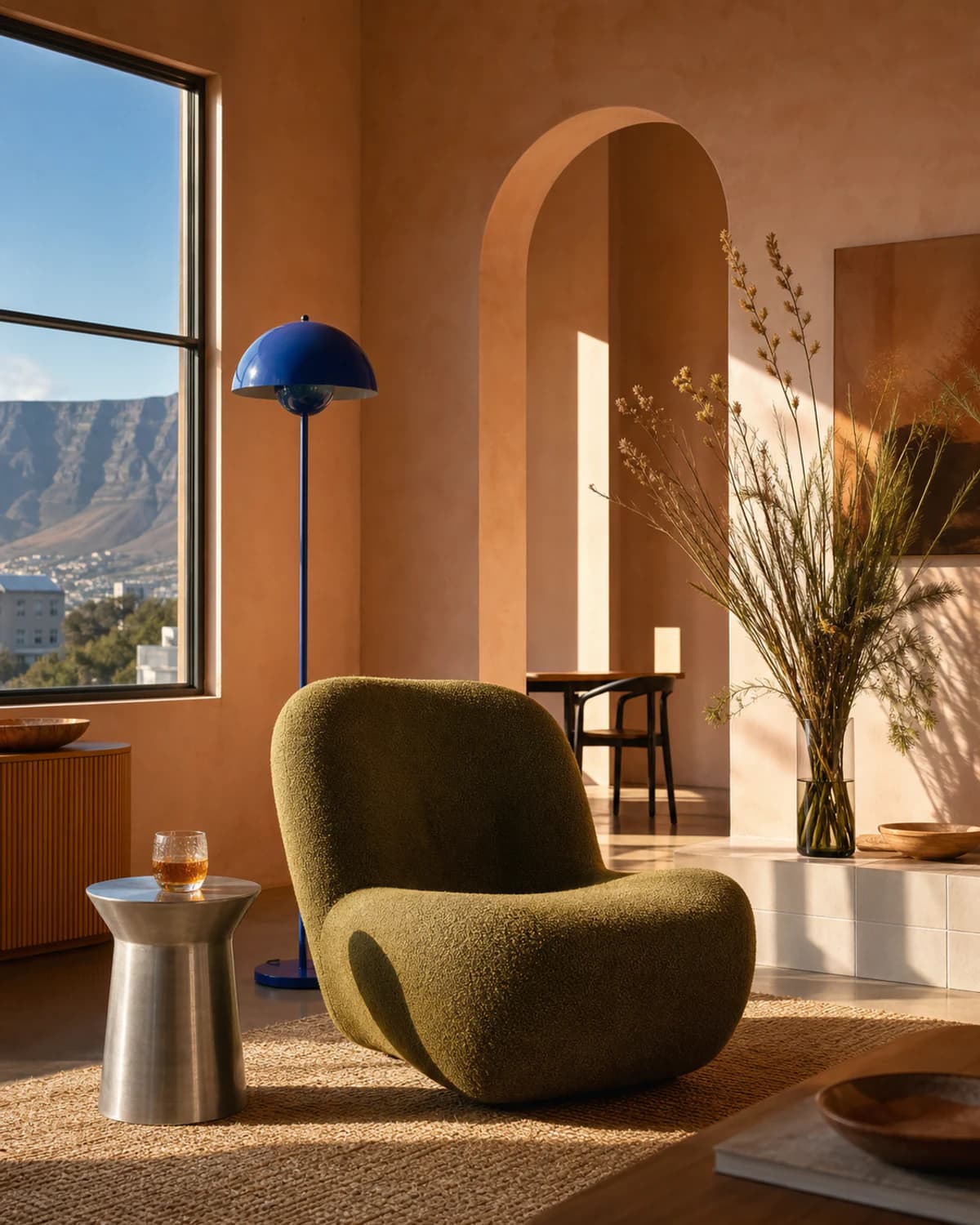A sunlit interior with an olive bouclé armchair and cobalt floor lamp