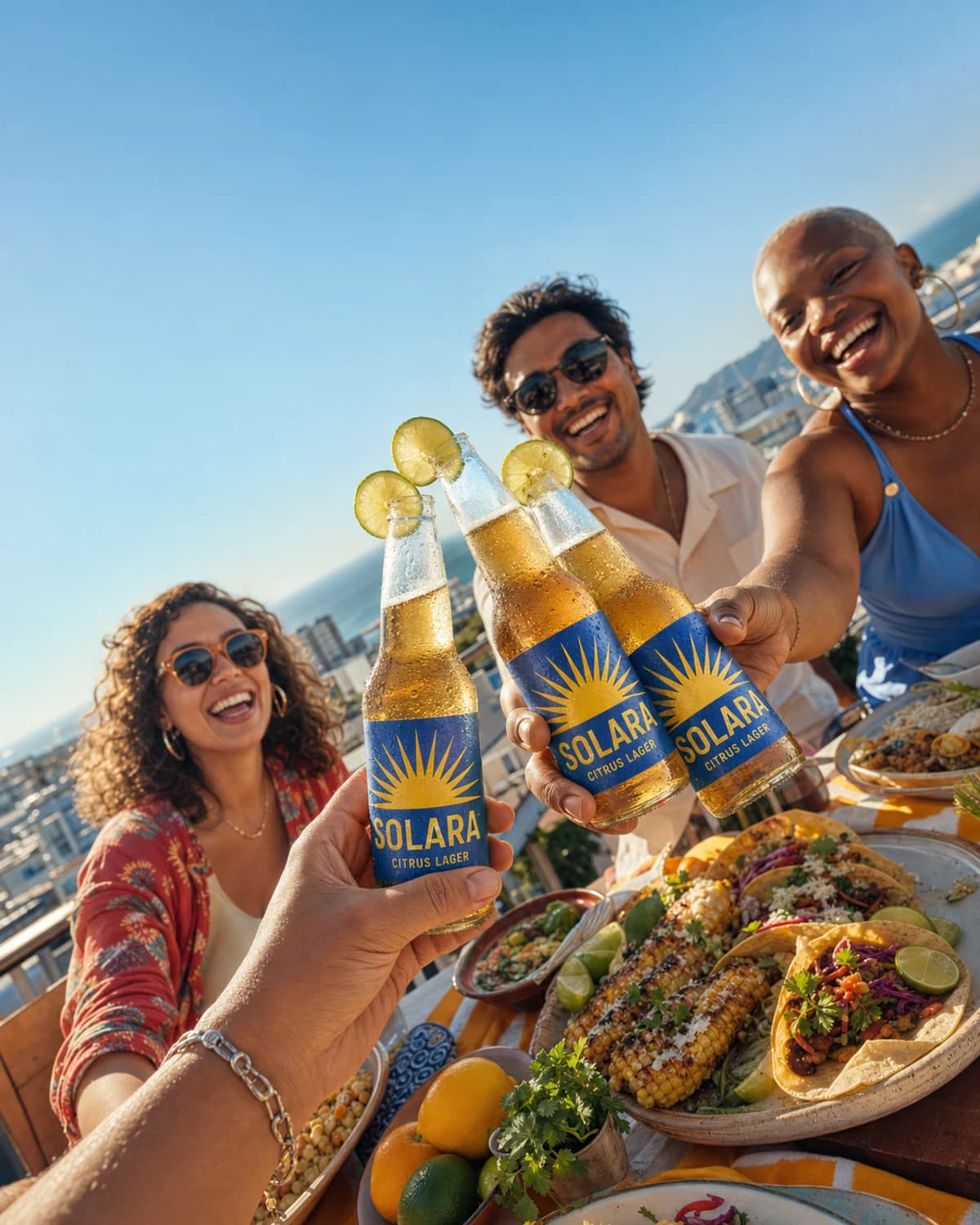 Friends toasting bottles of Solara cider at a sunlit rooftop lunch