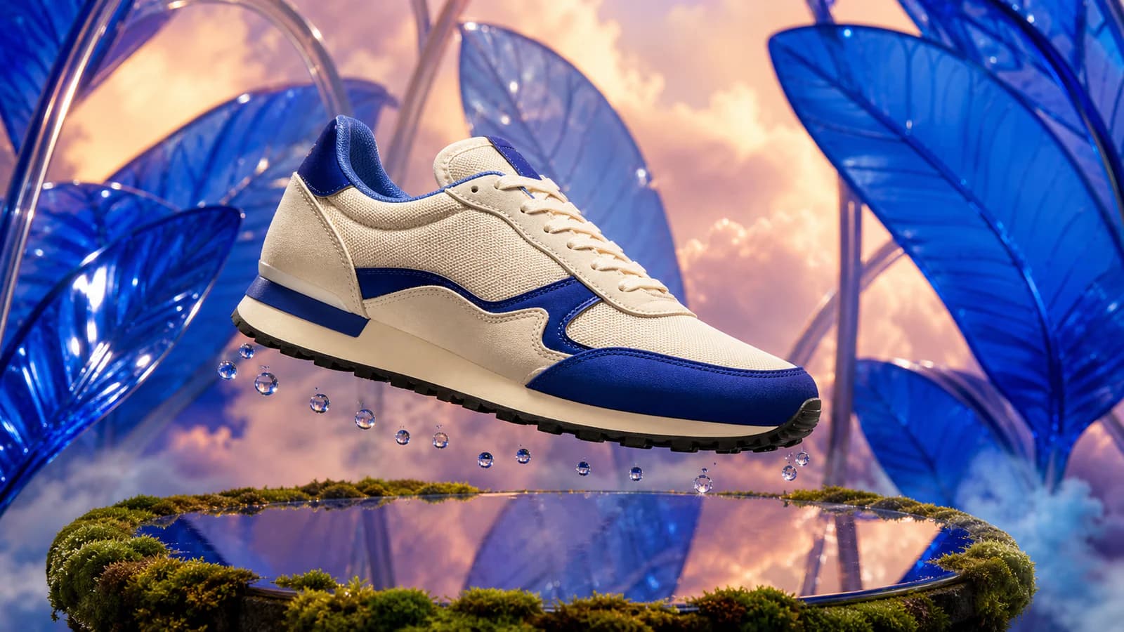A white and cobalt sneaker floating above a mossy platform