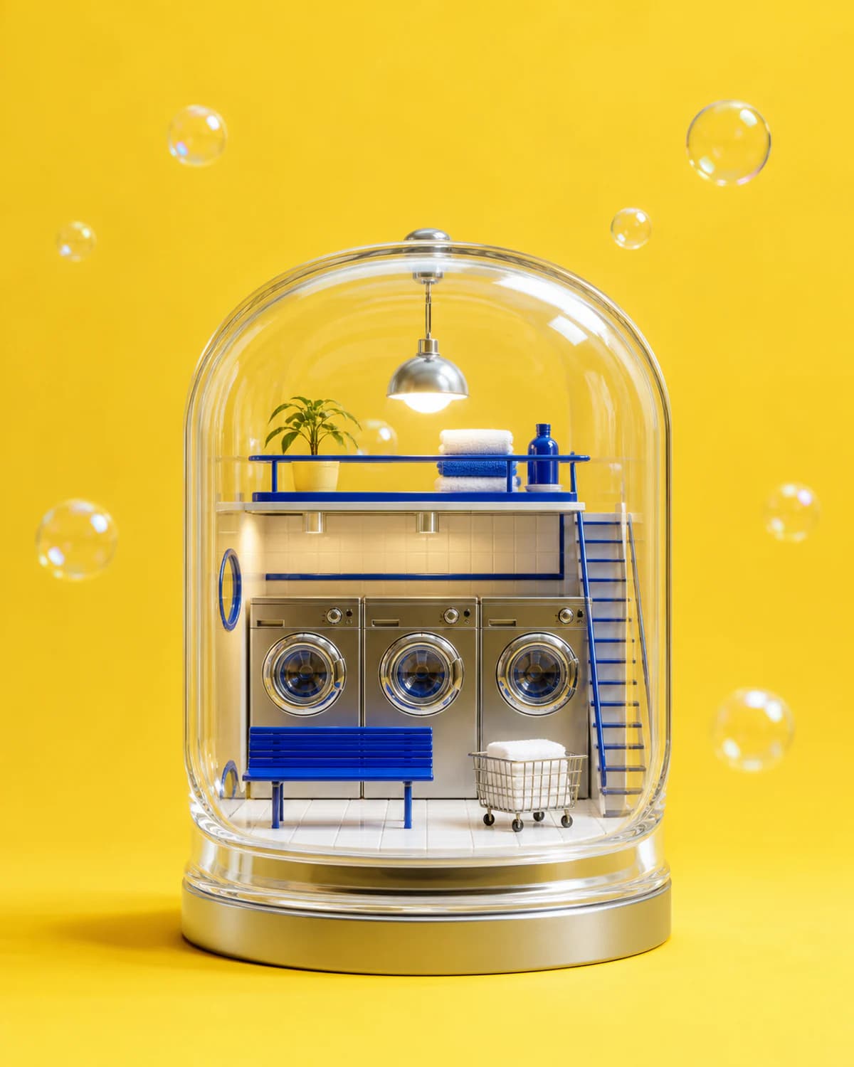A miniature laundromat diorama inside a glass dome on a yellow background