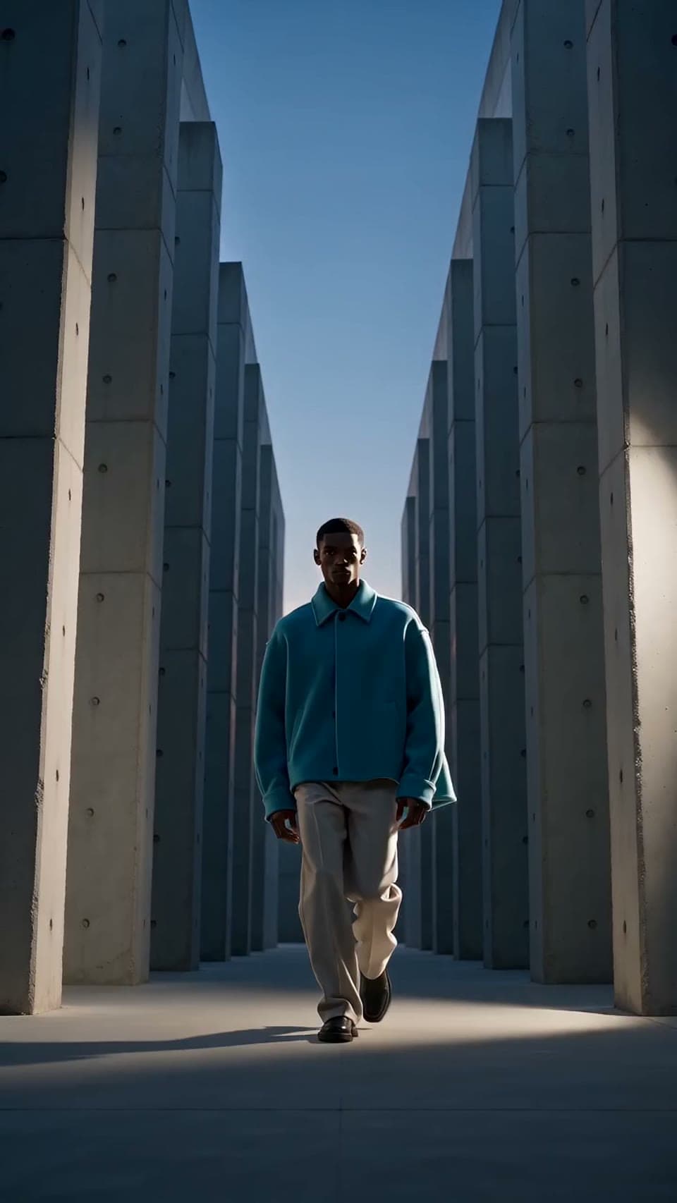 A model in a teal jacket walking between concrete columns