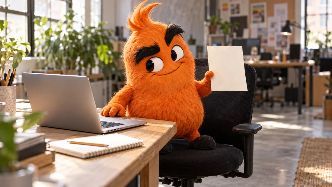 Vuti, our orange mascot, working beside a laptop in a sunlit office.